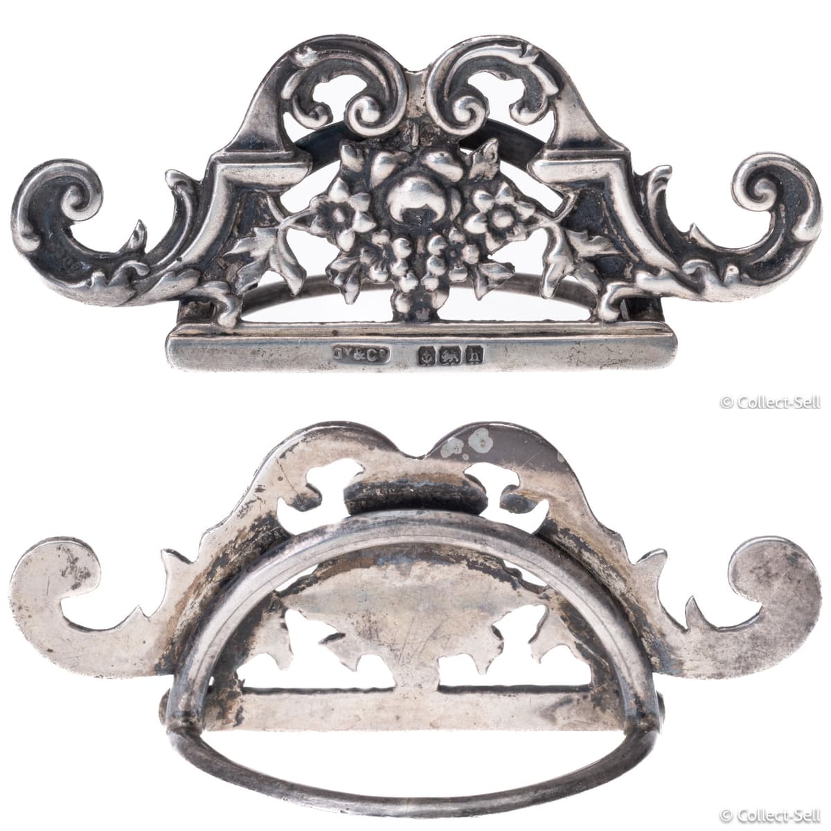 Edwardian sterling silver menu holder by Grey & Co., pierced floral and scrollwork design, Birmingham 1907