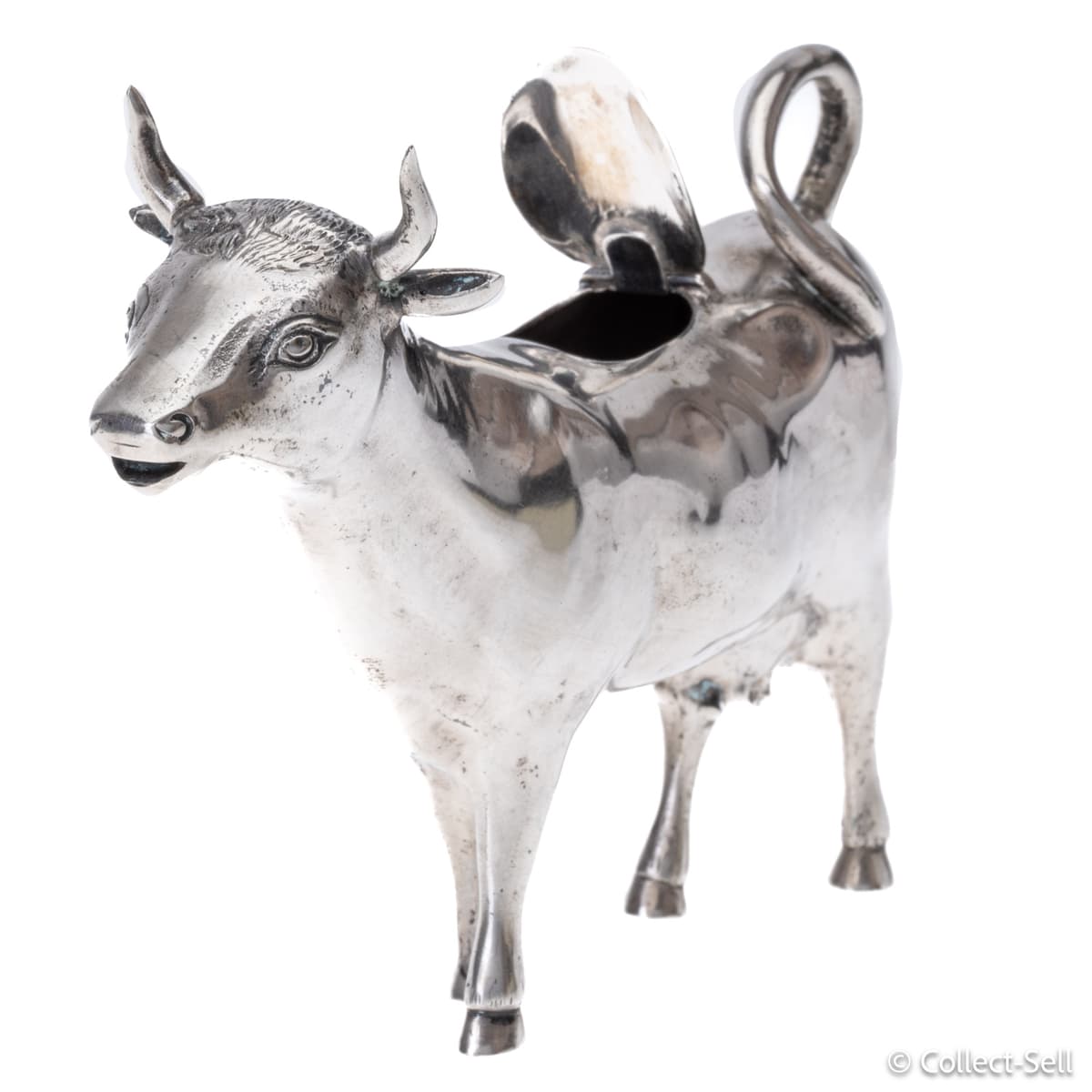 Dutch Silver Cow Creamer, post-1953, hinged lid detail