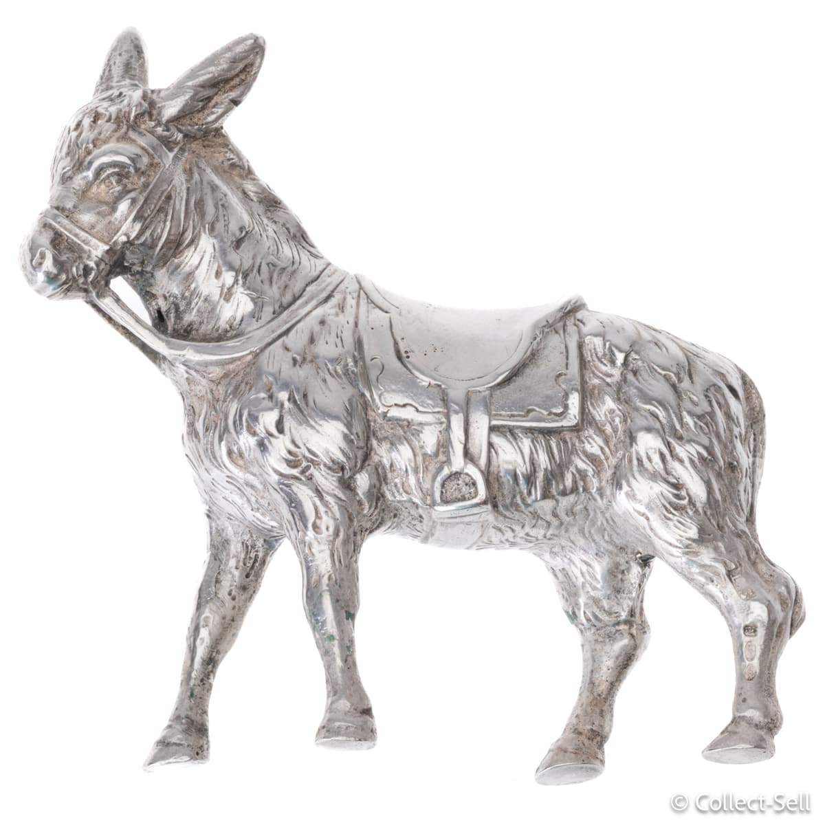 Sterling silver donkey figurine showing detailed head, bridle, and textured fur, London hallmark 1924