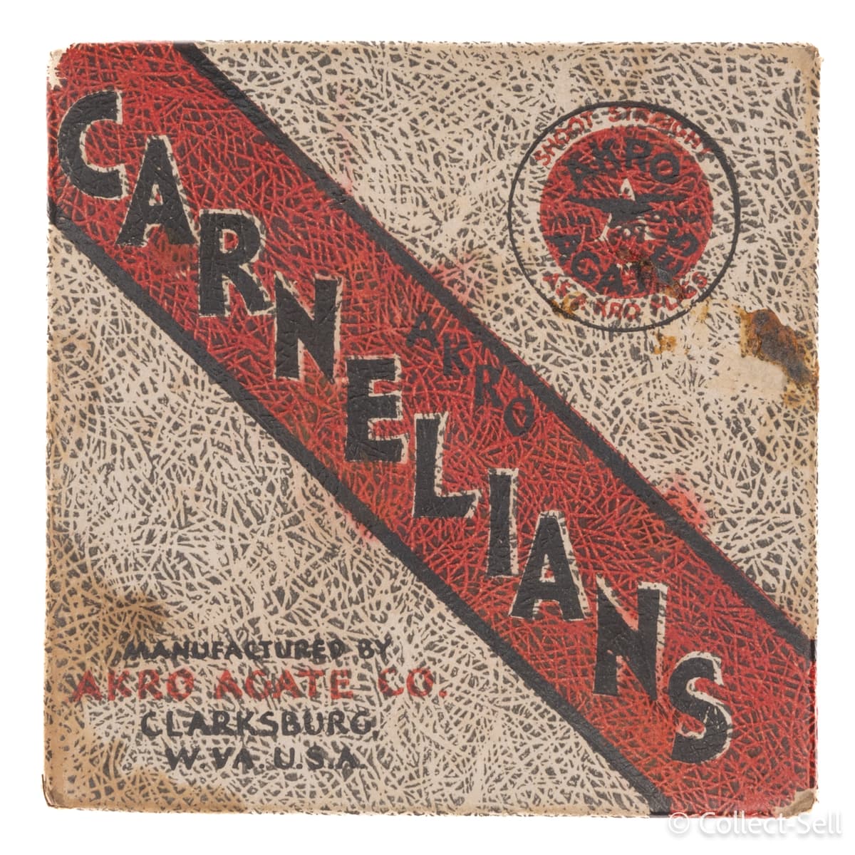 Front View of Vintage Akro Agate Carnelians No. 0 marble set, produced by the legendary Akro Agate Company of Clarksburg, WV