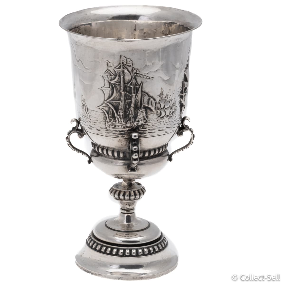 1918 Dutch .833 silver chalice cup by Jac. van Straten with engraved sailing ships and Amsterdam hallmarks