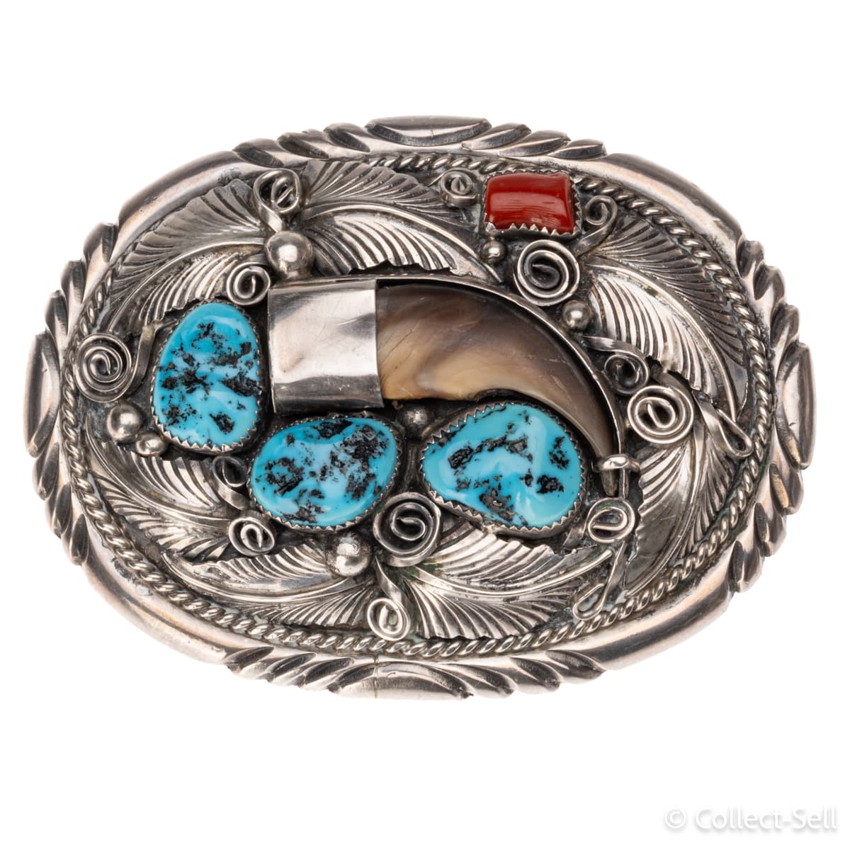 Sterling Silver, Navajo Turquoise Coral Bear Claw Belt Buckle signed M Thomas JR