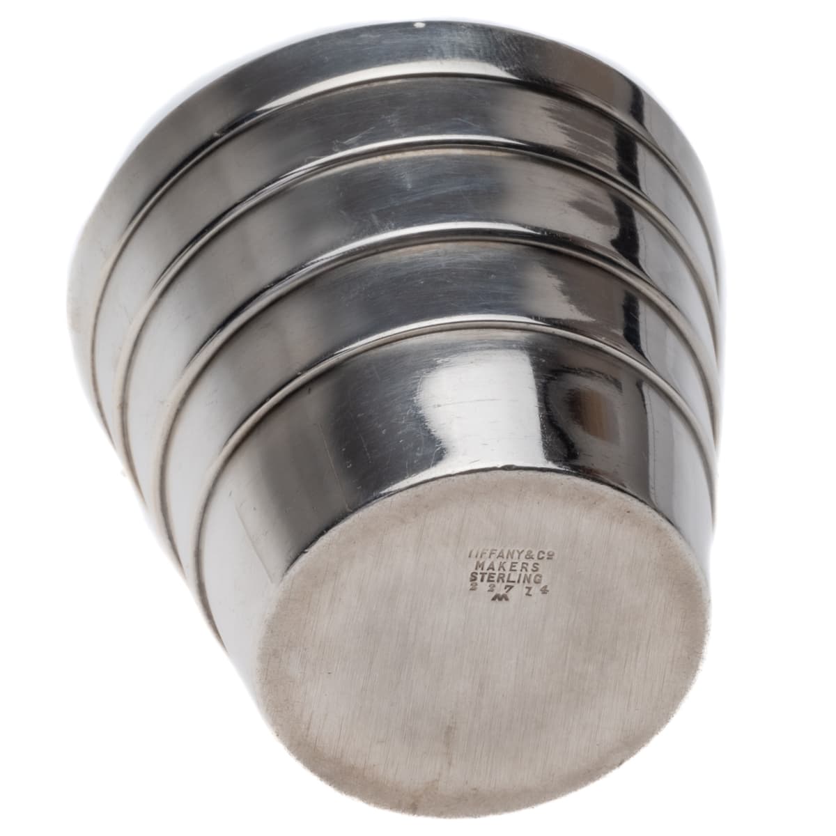 Mid-century Tiffany sterling silver jigger with stepped ribbed design and 22714 M hallmark